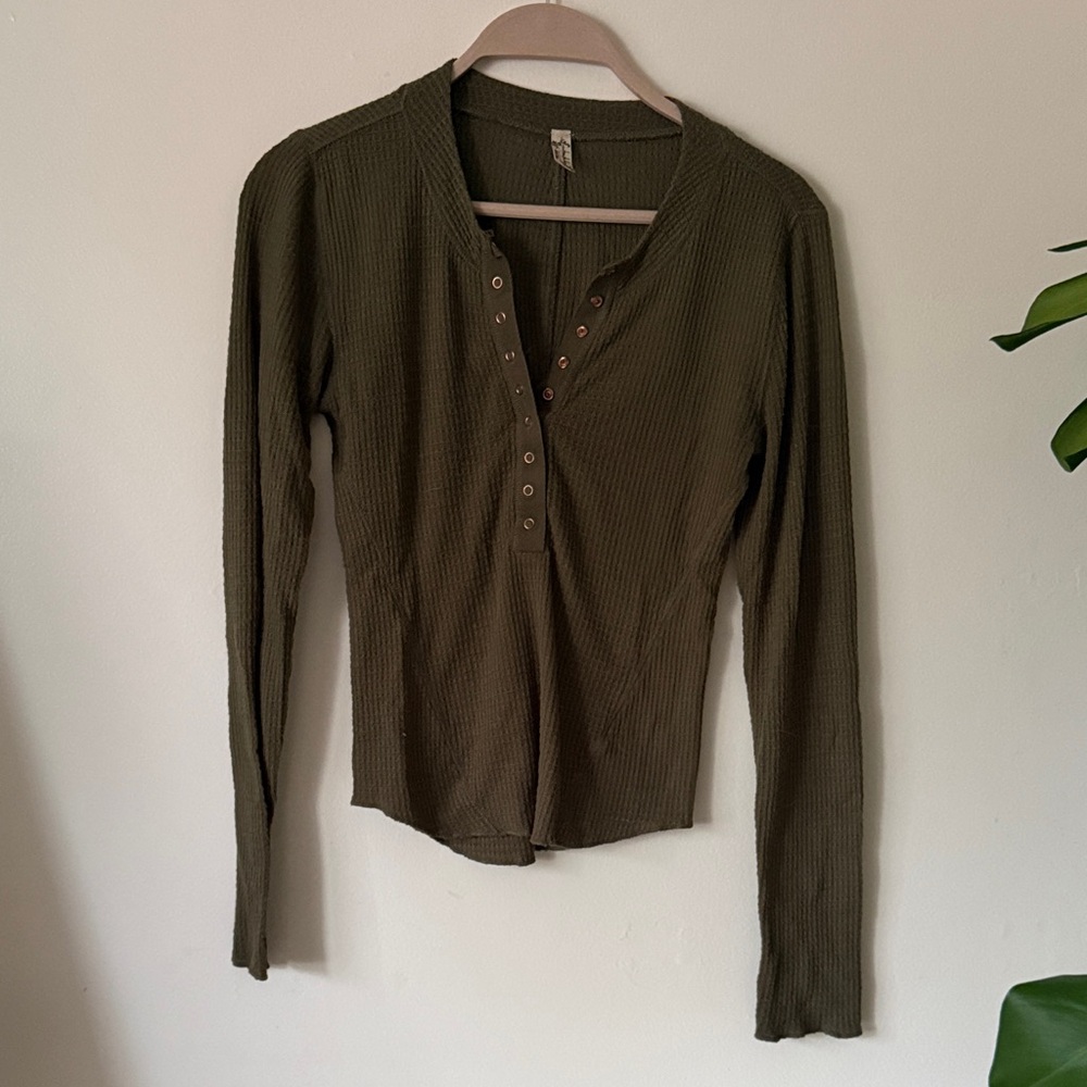 Free People Olive Green Waffle Henley